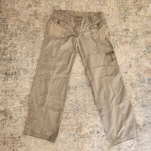 Y2K Low Rise Utility Pants Wide Leg Raw Hem 100% Cotton Neutral Boho 29 33.5